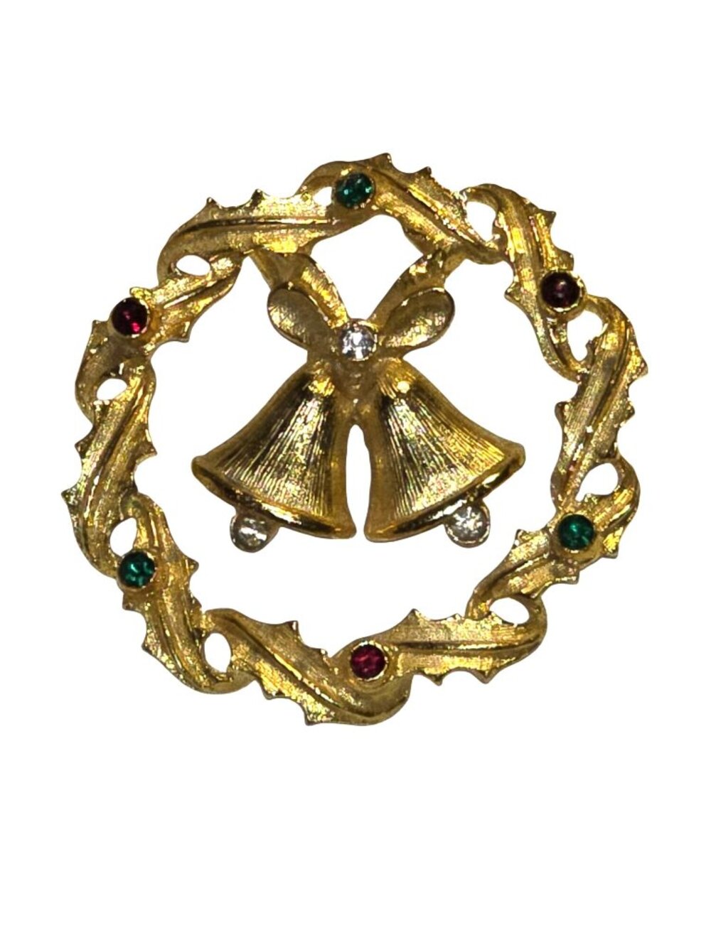 Vintage 1960s Gold Bells in Wreath w/ Round Rhinestones Brooch